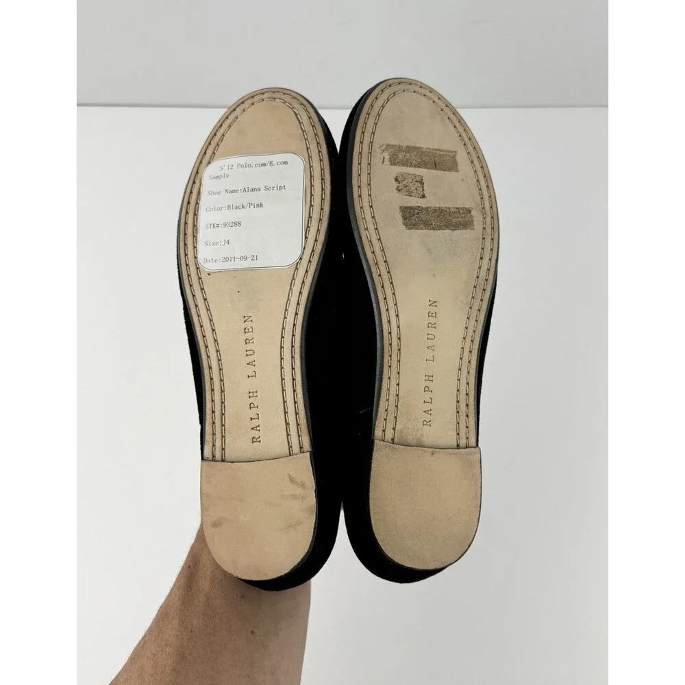 Vintage RALPH LAUREN POLO Girls Size 4 Ballet Flats Monogram RL BLK Pink Velvet